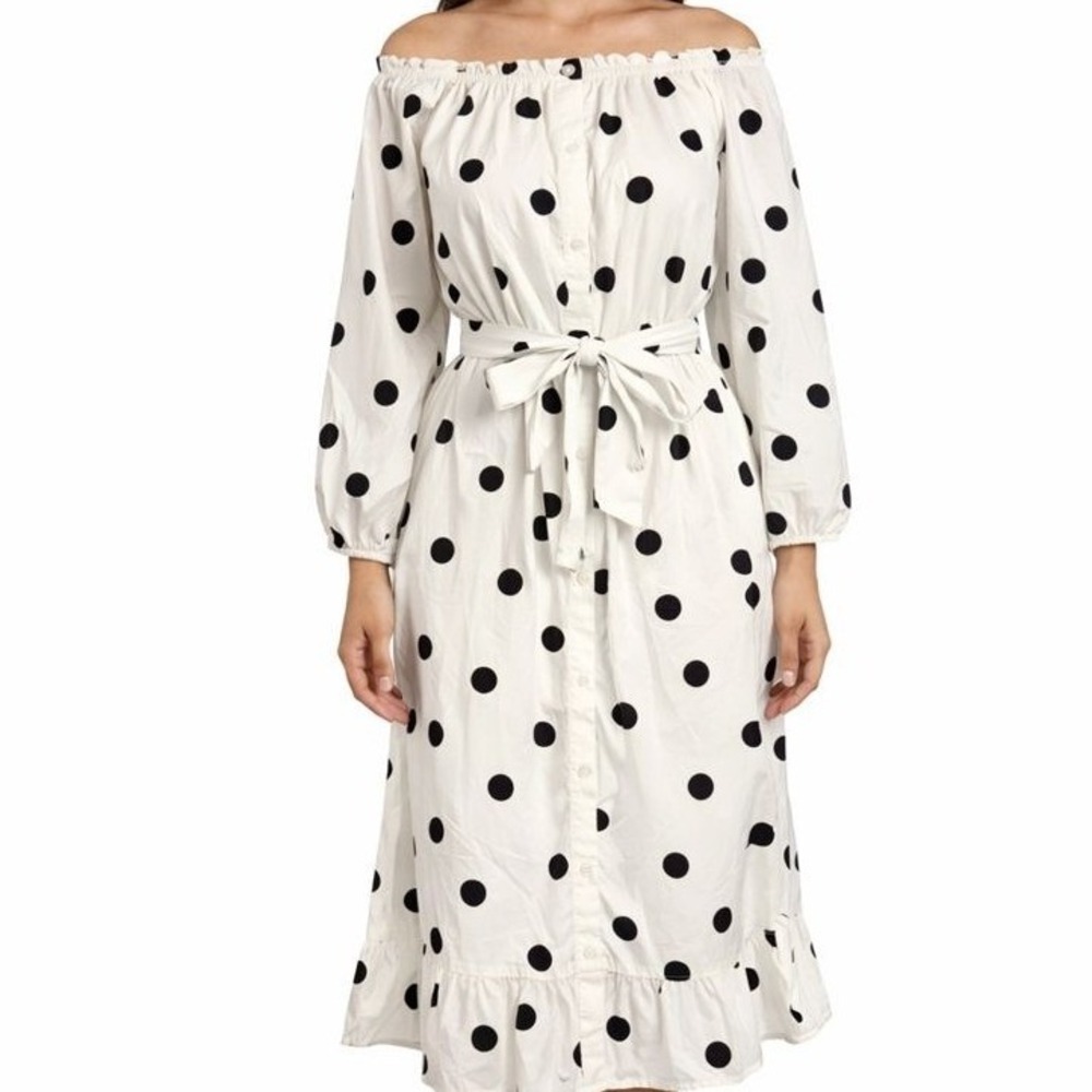 Who What Wear Polka Dot Midi Dress XS Off Shoulder Belted White Black Button‎ Up